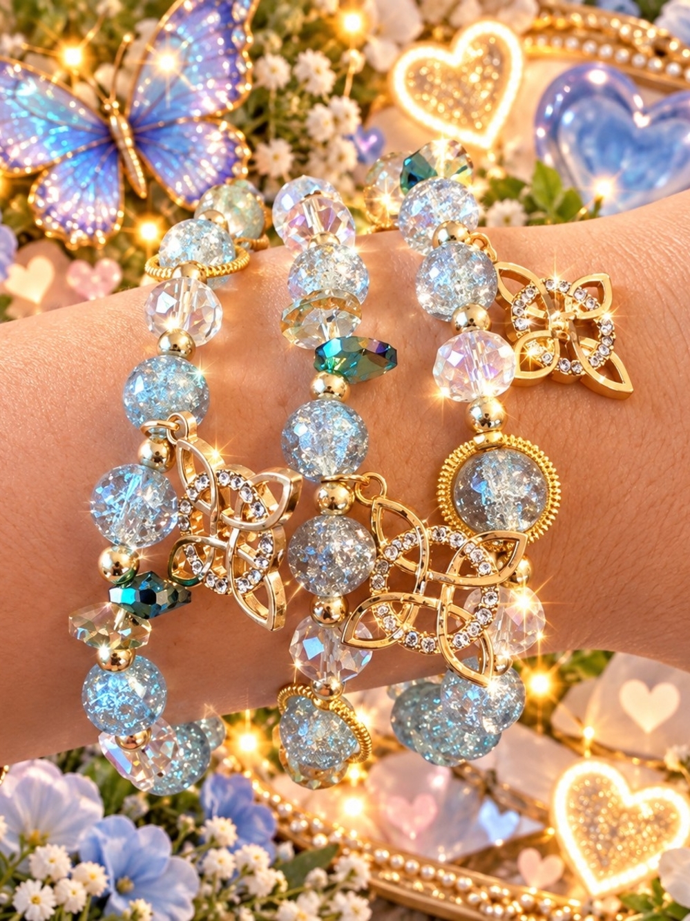 Gold Blue Crystal Stretch Bracelet - Women Jewelry